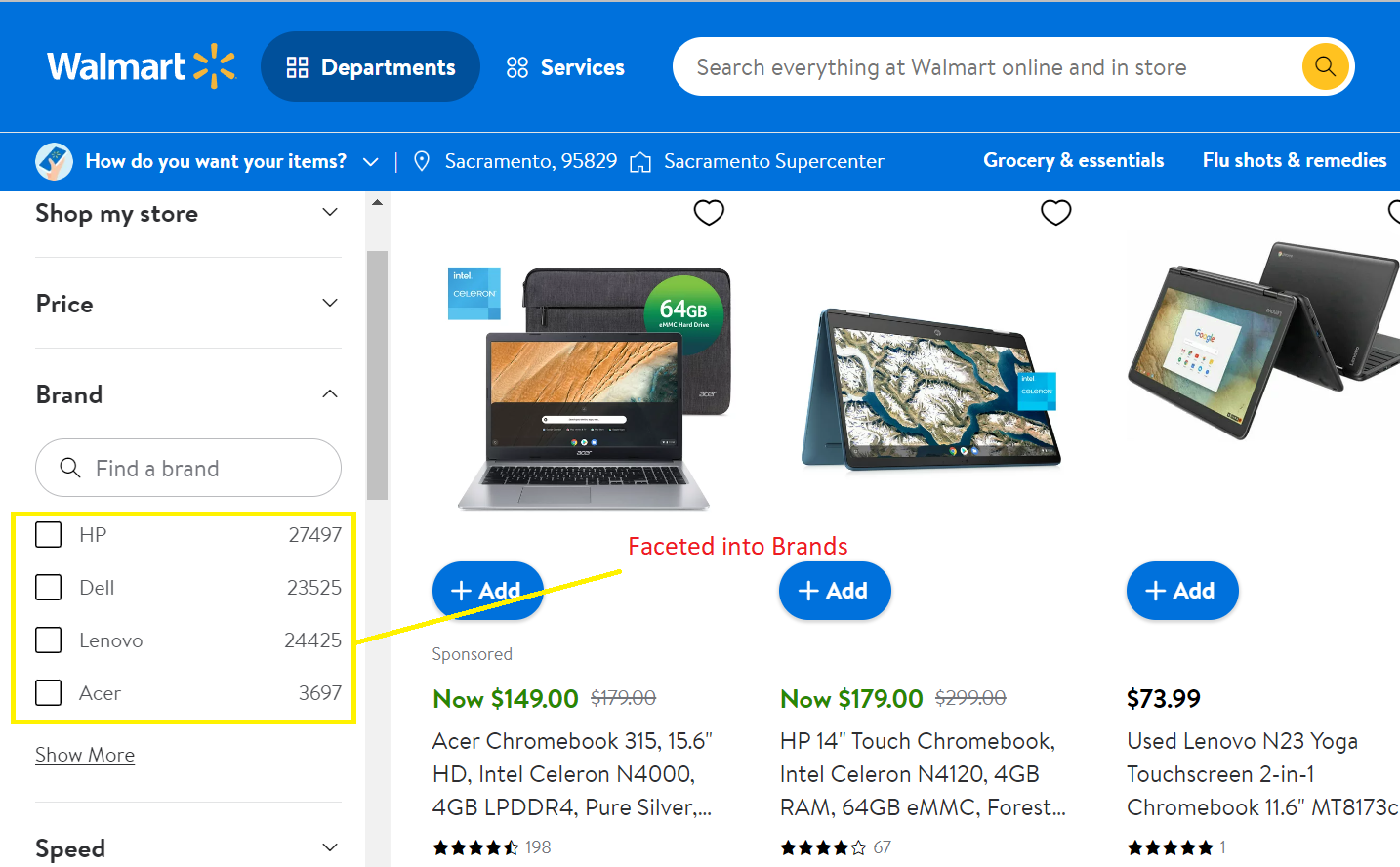 Walmart search result facet example