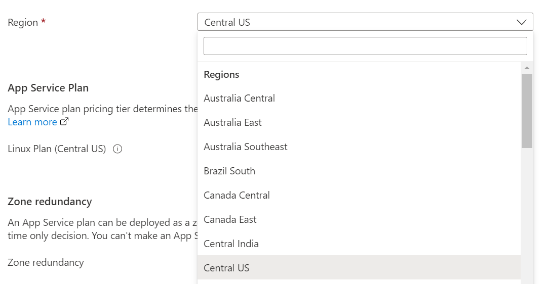 choose right region in Azure