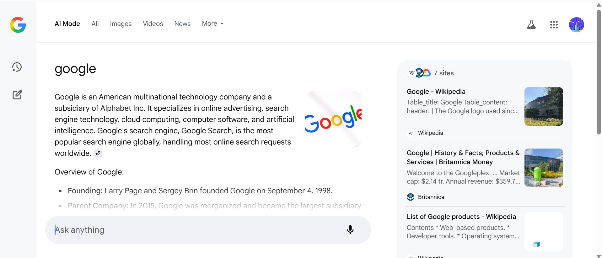 Screenshot of Google search AI mode